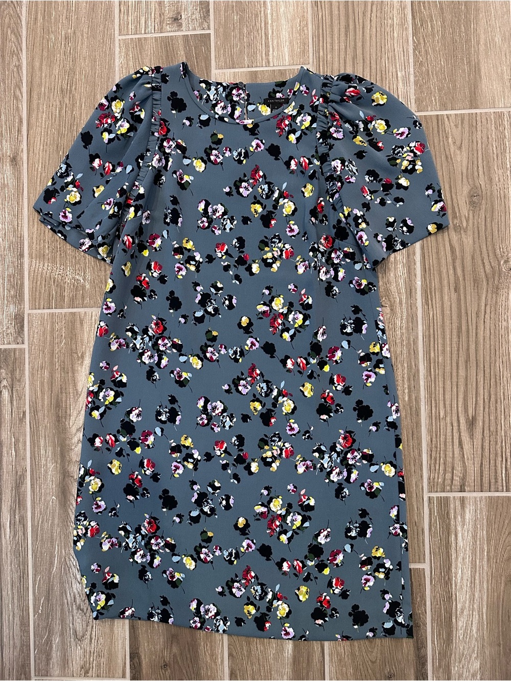 Ann Taylor Slate-Blue Floral Puff Sleeve Mini Dress